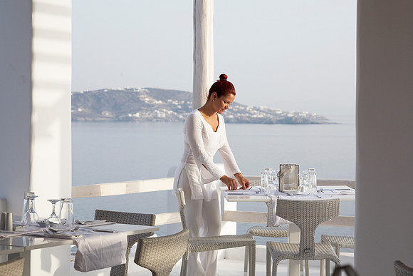 Locaya Restaurant in Mykonian Mare, with fantastic view in Mykonos and the Aegean Sea